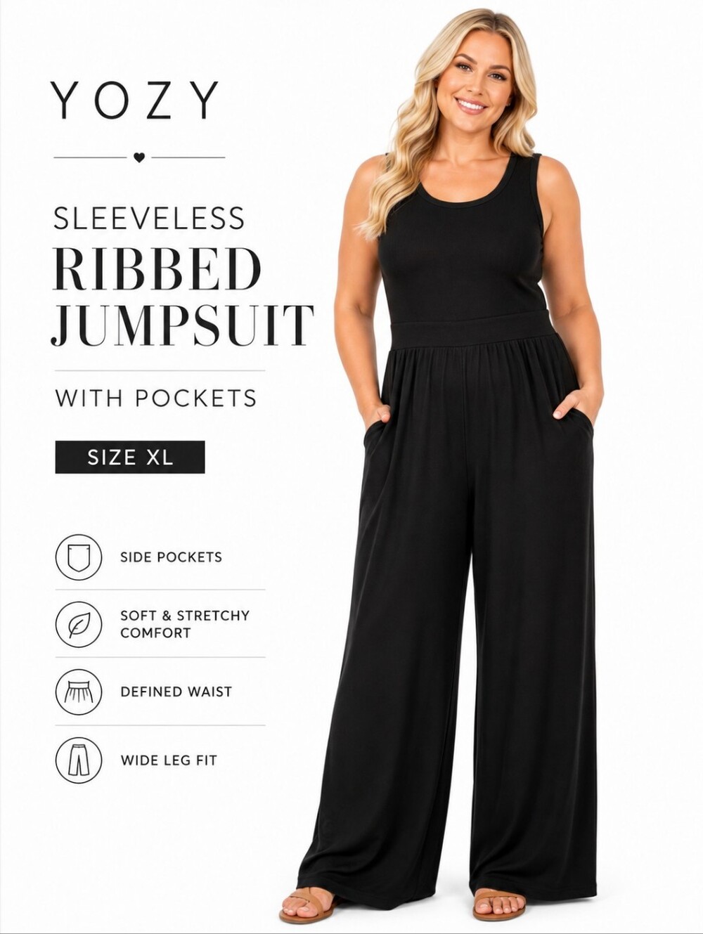 YOZY Black Sleeveless Ribbed Wide Leg Jumpsuit With Pockets – Size XL